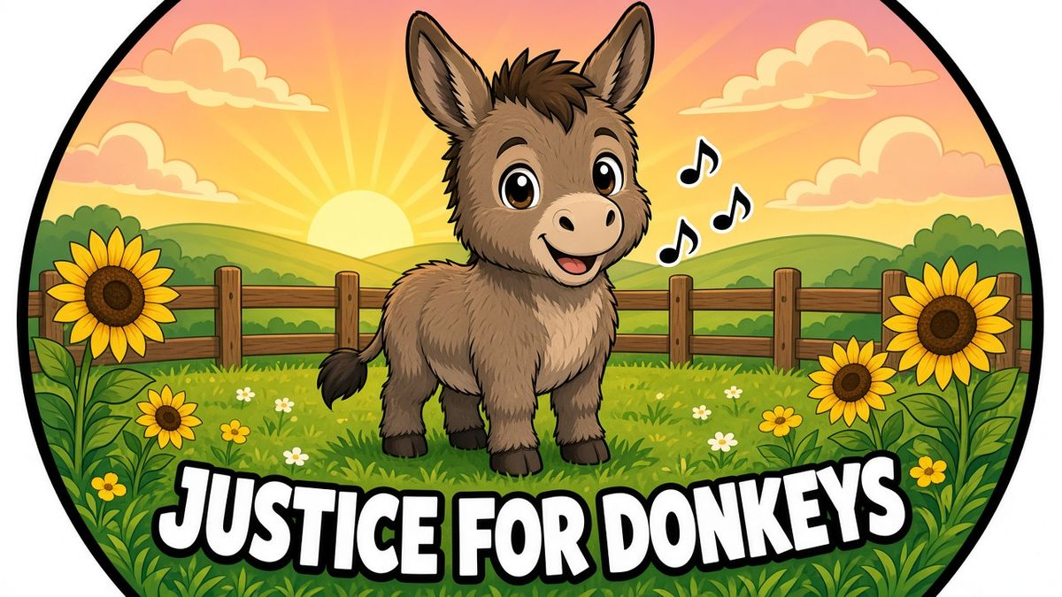 Cute cartoon miniature donkey smiling in a sunny pasture with sunflowers and a wooden fence, with the words JUSTICE FOR DONKEYS